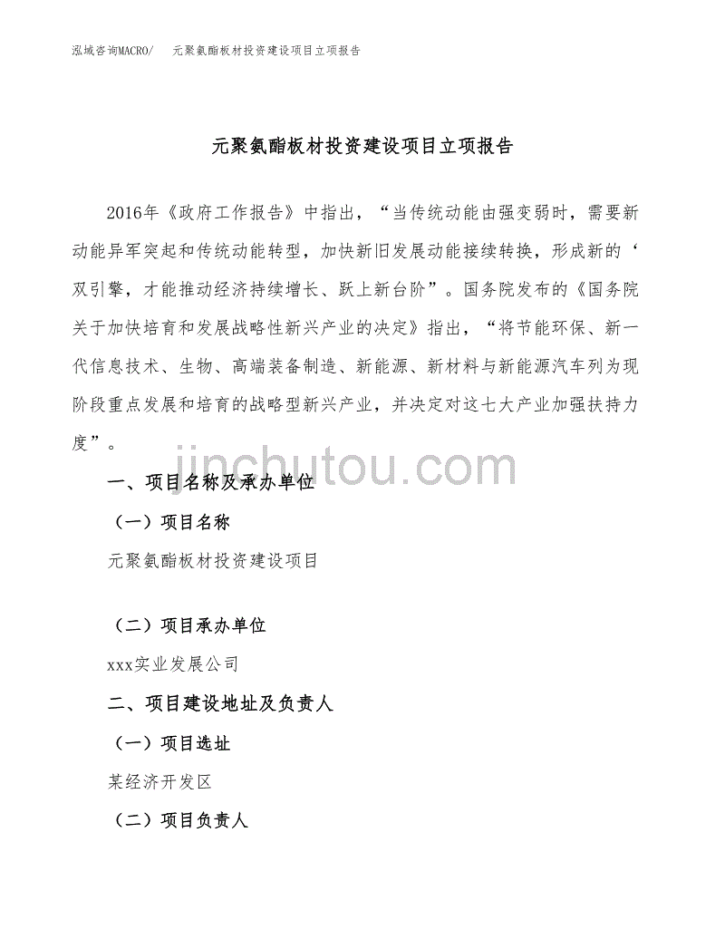 元聚氨酯板材投资建设项目立项报告(规划申请).docx_第1页