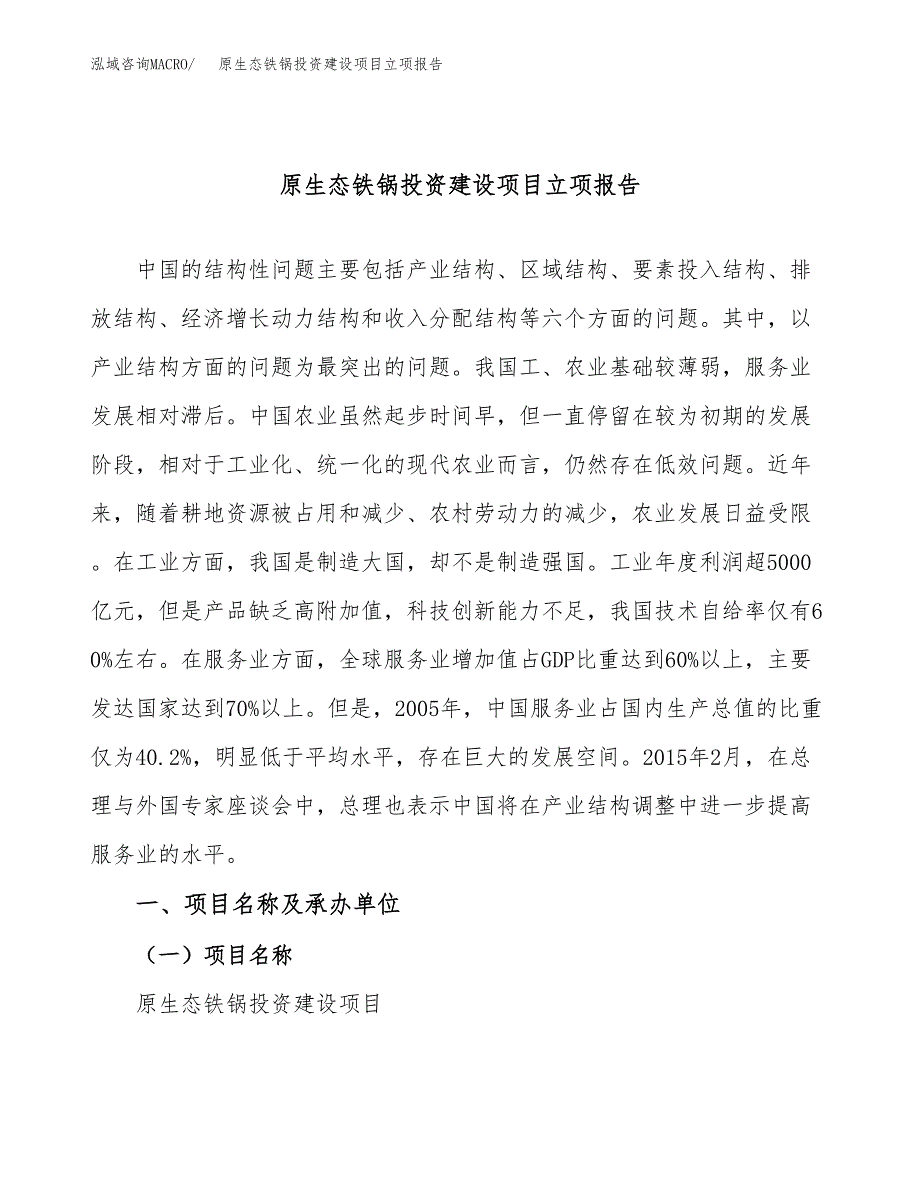 原生态铁锅投资建设项目立项报告(规划申请).docx_第1页