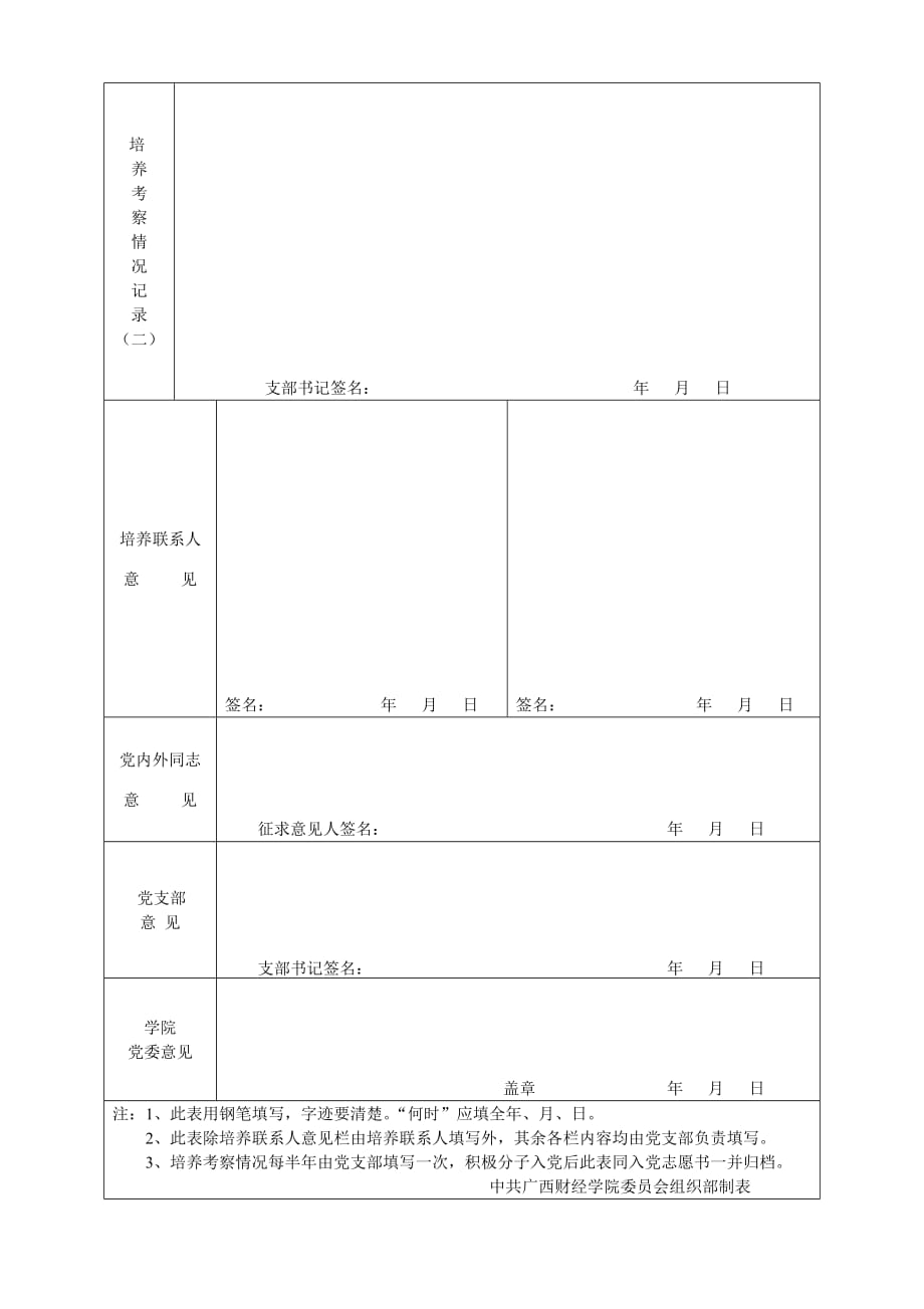 入党积极分子培养考察登记表(空白a4 双面打印)_第2页