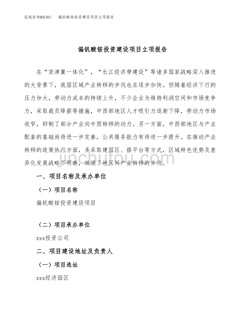 偏钒酸铵投资建设项目立项报告(规划申请).docx_第1页