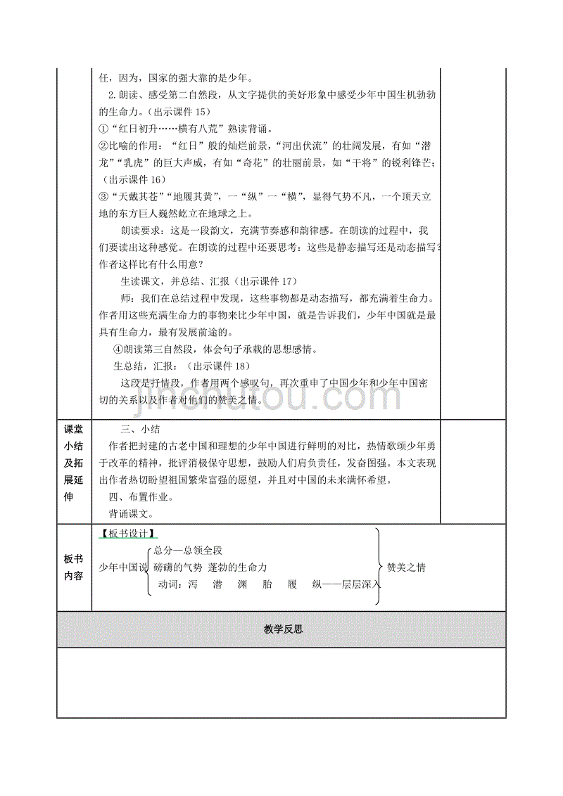 部编2019年人教版小学五年级上册语文第12课《少年中国说》教案设计（word表格版）_第4页