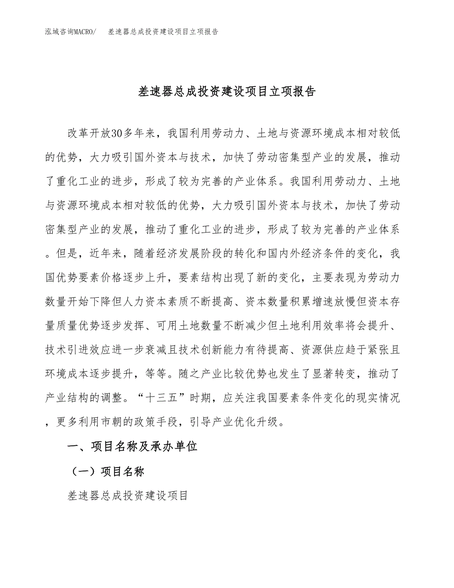 差速器总成投资建设项目立项报告(规划申请).docx_第1页