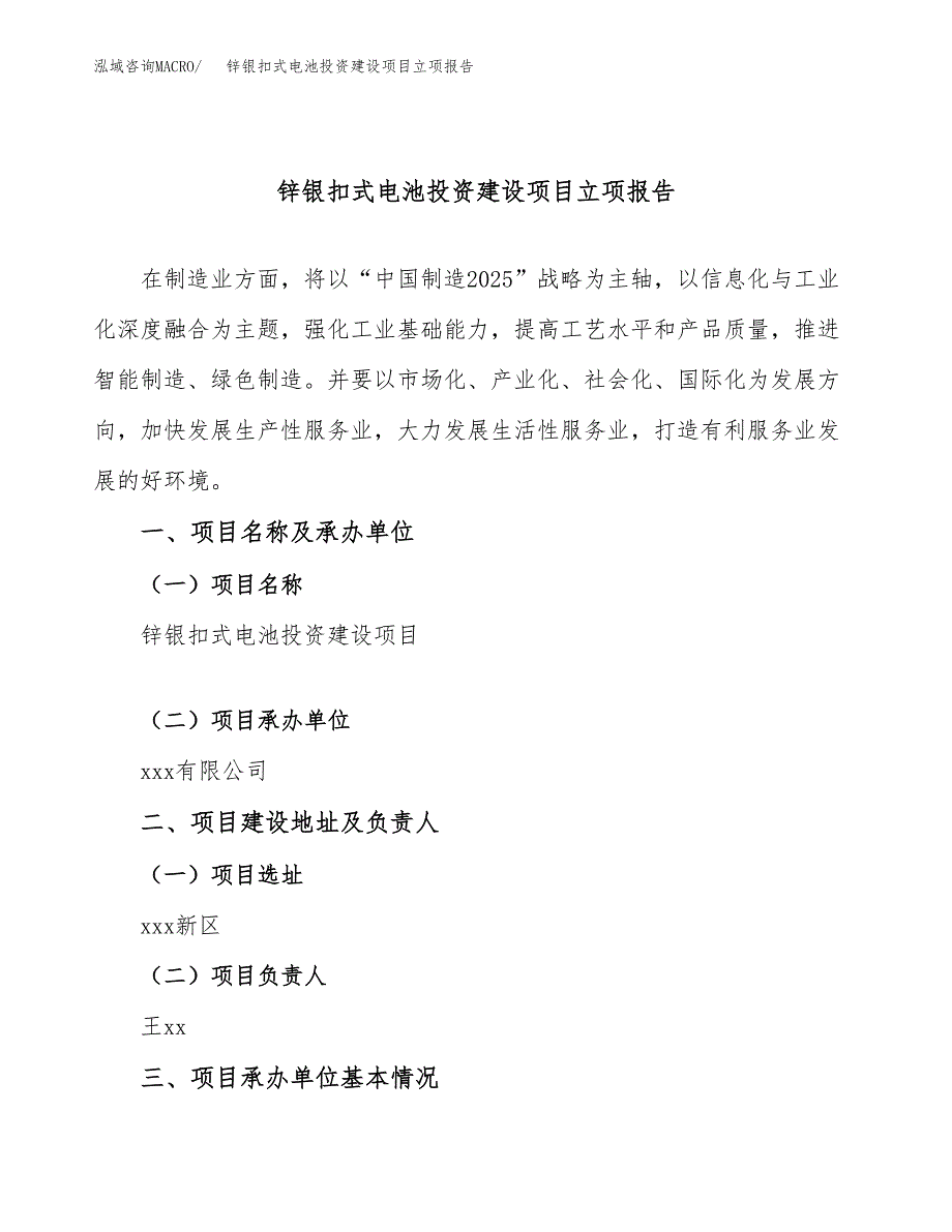 锌银扣式电池投资建设项目立项报告(规划申请).docx_第1页