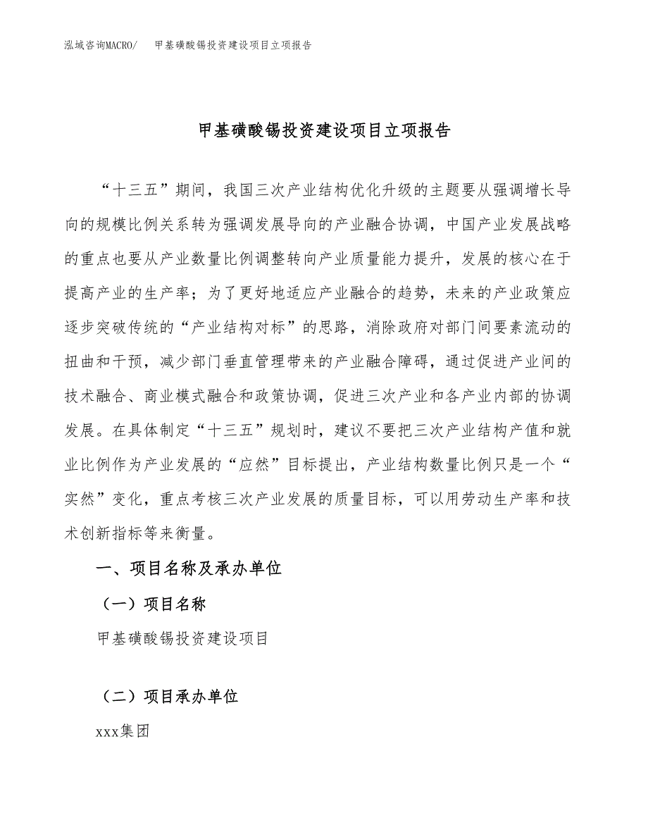 甲基磺酸锡投资建设项目立项报告(规划申请).docx_第1页