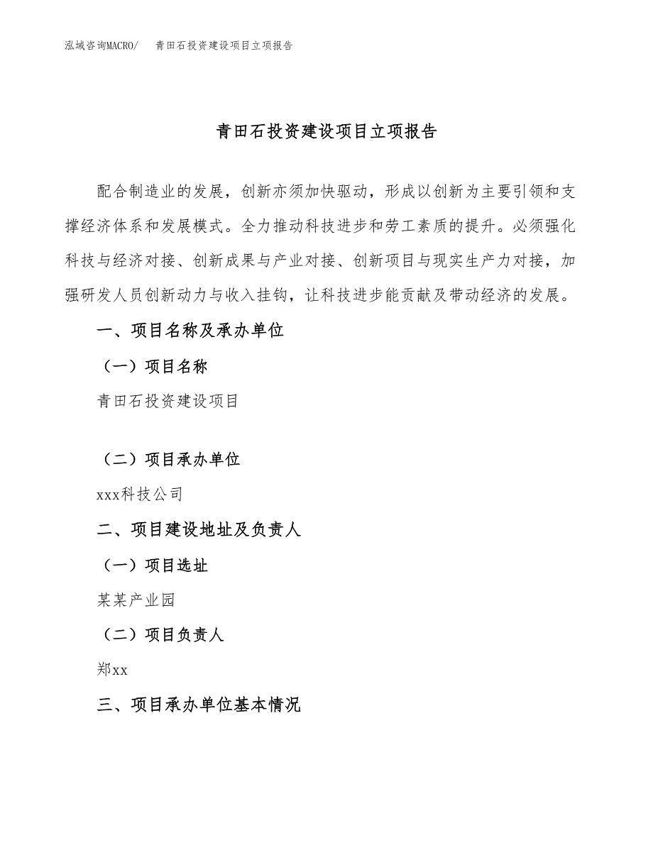 青田石投资建设项目立项报告(规划申请).docx_第1页