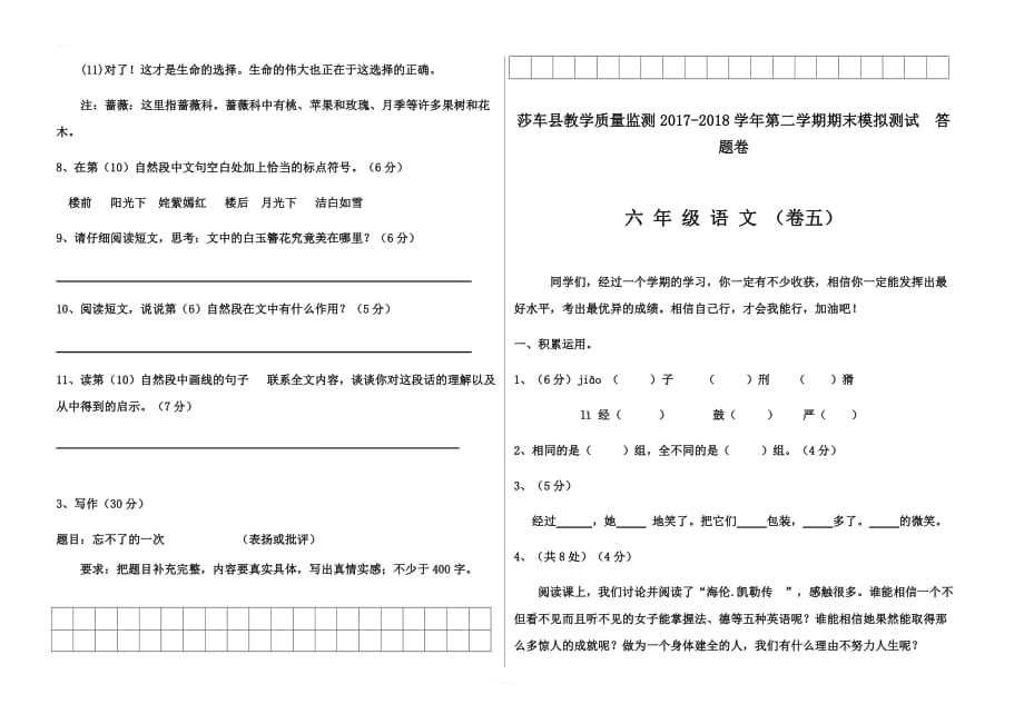 莎车县教学质量监测2017-2018学年第二学期六年级语文期末模拟测试卷 5_第3页