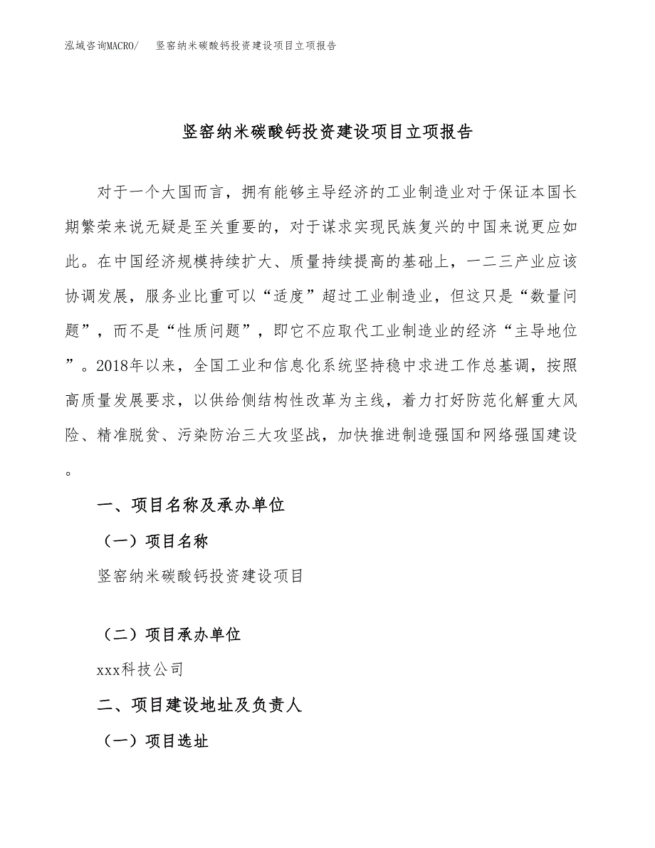 竖窑纳米碳酸钙投资建设项目立项报告(规划申请).docx_第1页