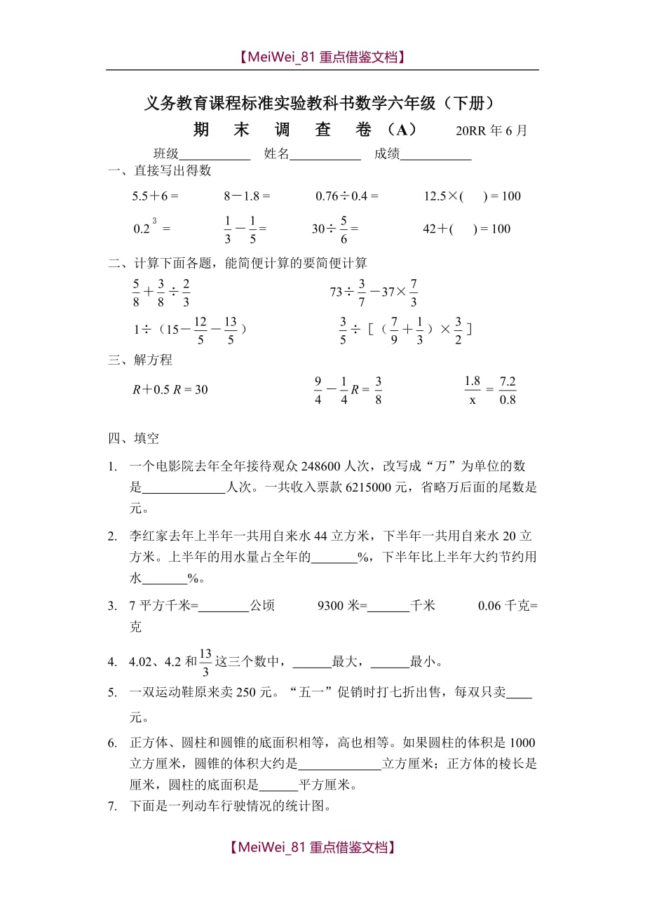【8A版】苏教版数学实验教材六年级下期末调查试卷(A)_第1页