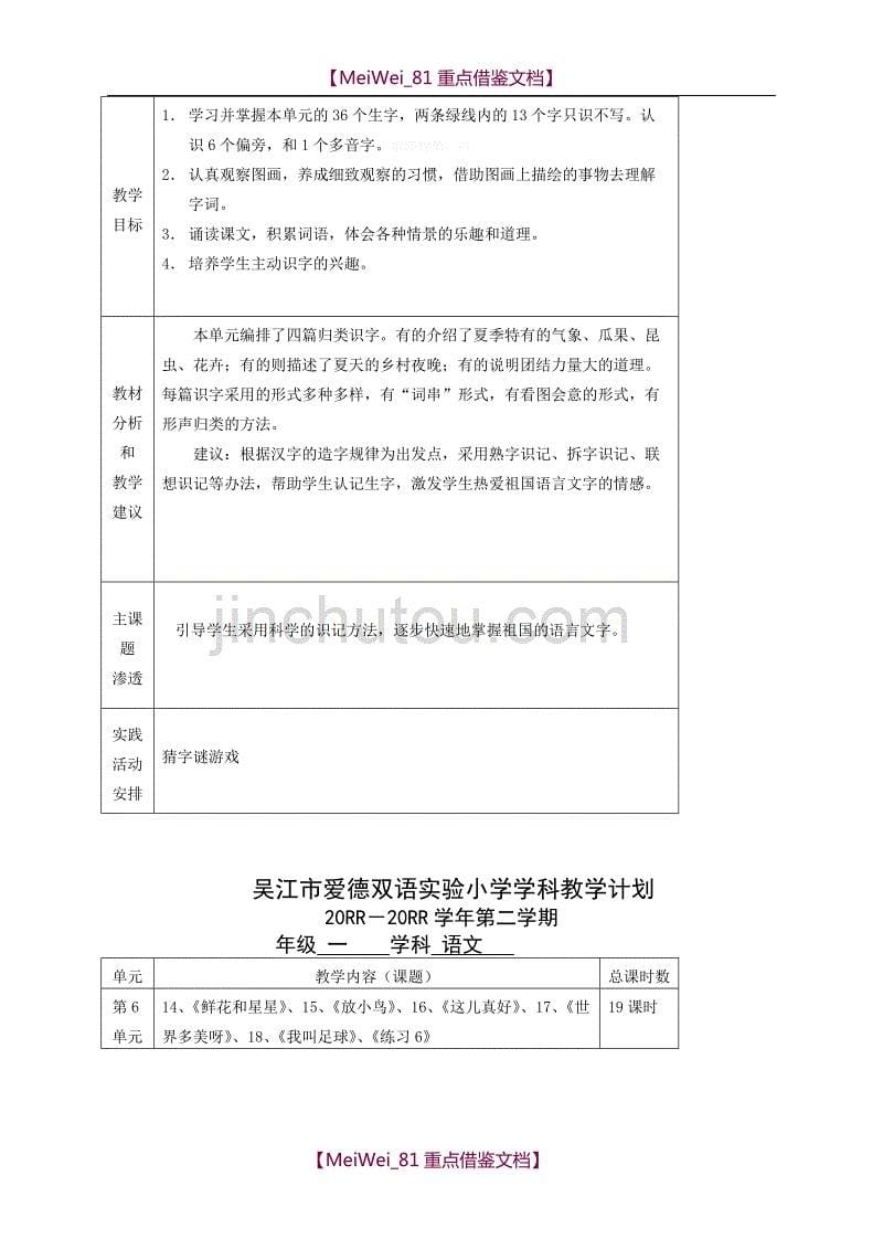 【8A版】苏教版一年级第二学期语文教学计划_第5页