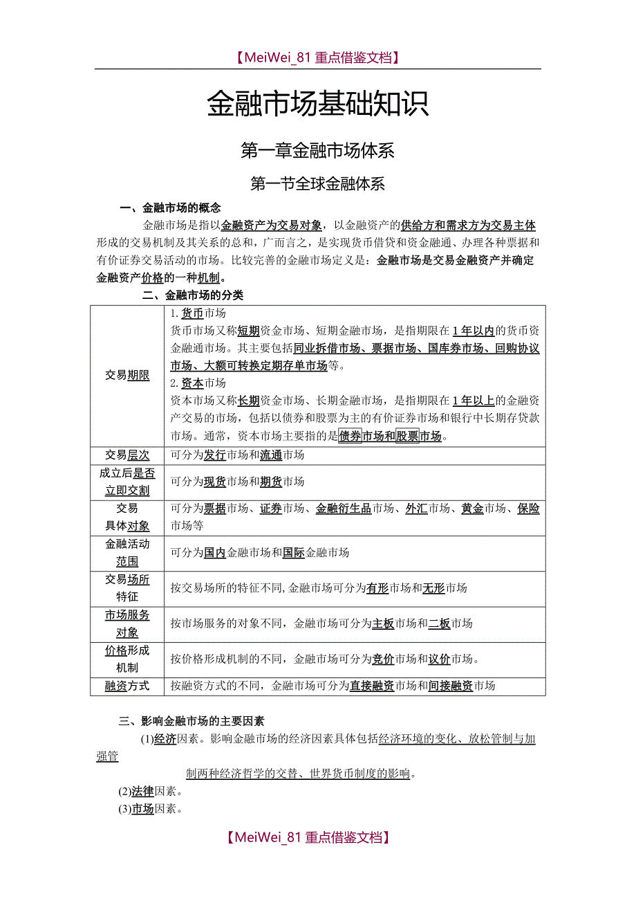 【9A文】证券从业—金融市场基础知识_第1页