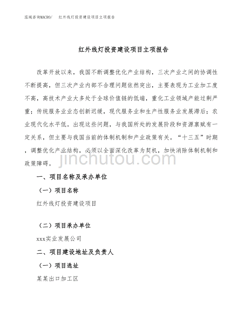 红外线灯投资建设项目立项报告(规划申请).docx_第1页