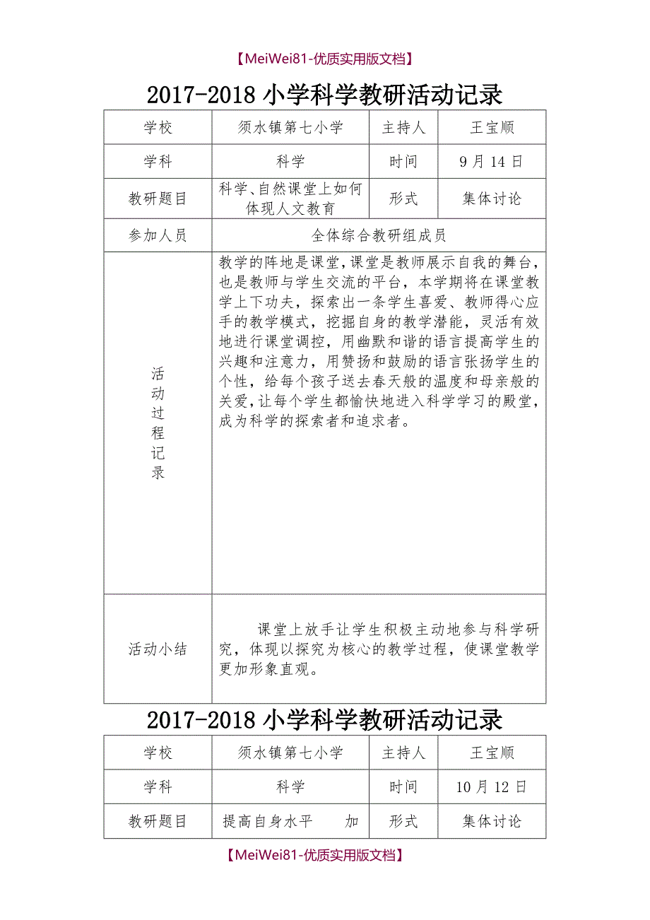 【7A版】2018-2018小学科学教研活动记录表_第1页