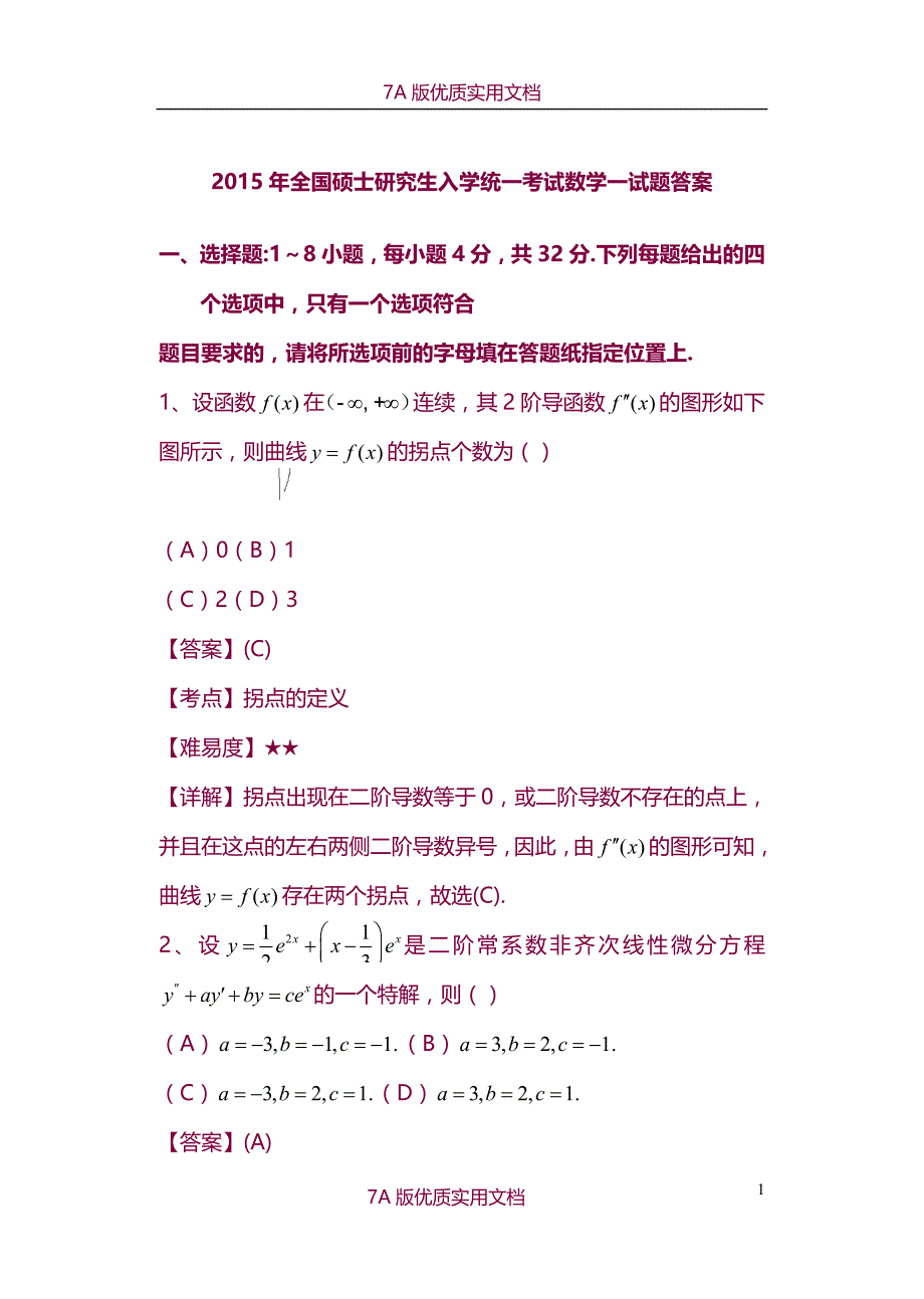 【7A版】2015年考研数学真题答案(数一 )_第1页