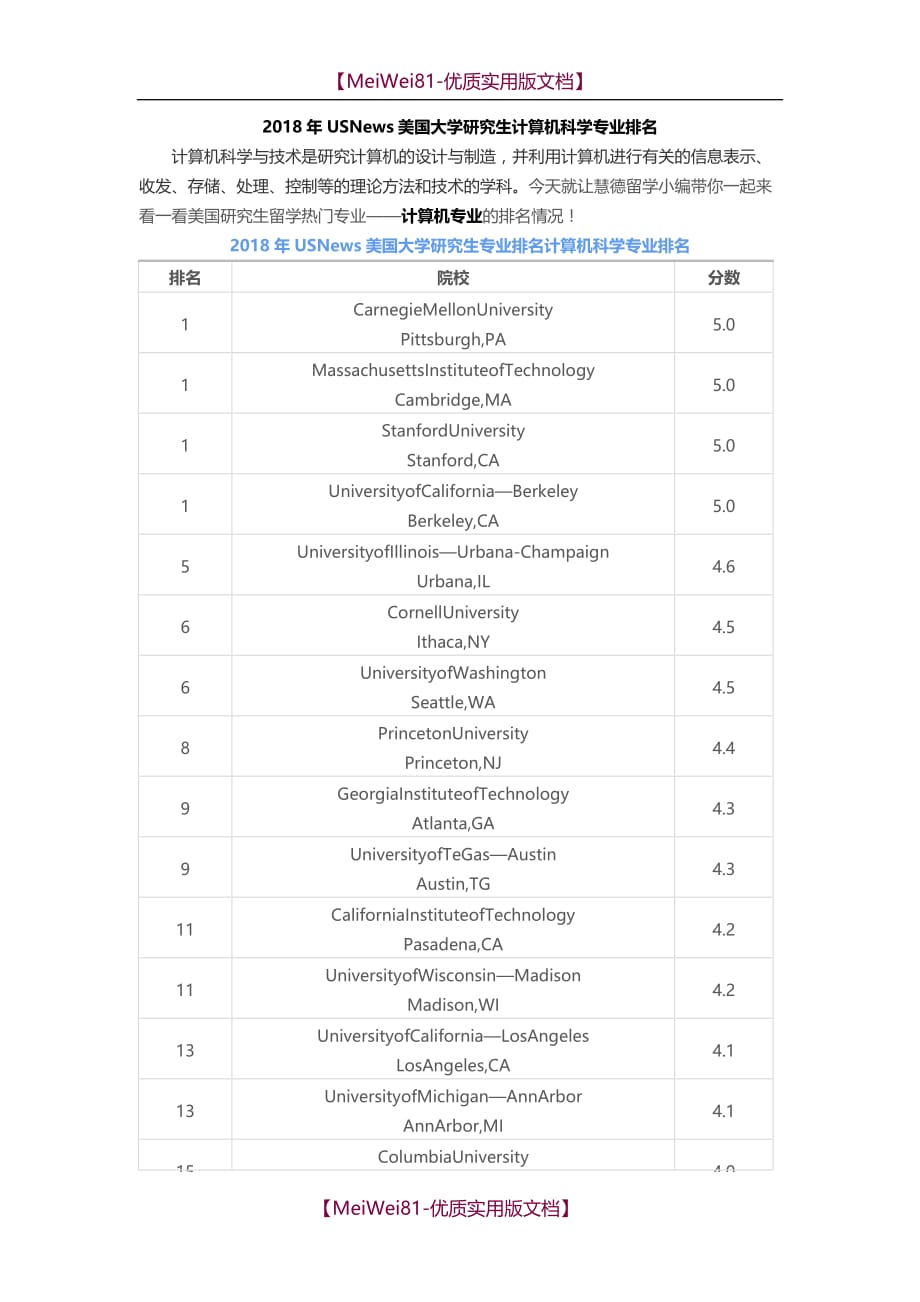 【7A版】2018年USNews美国大学研究生计算机科学专业排名_第1页