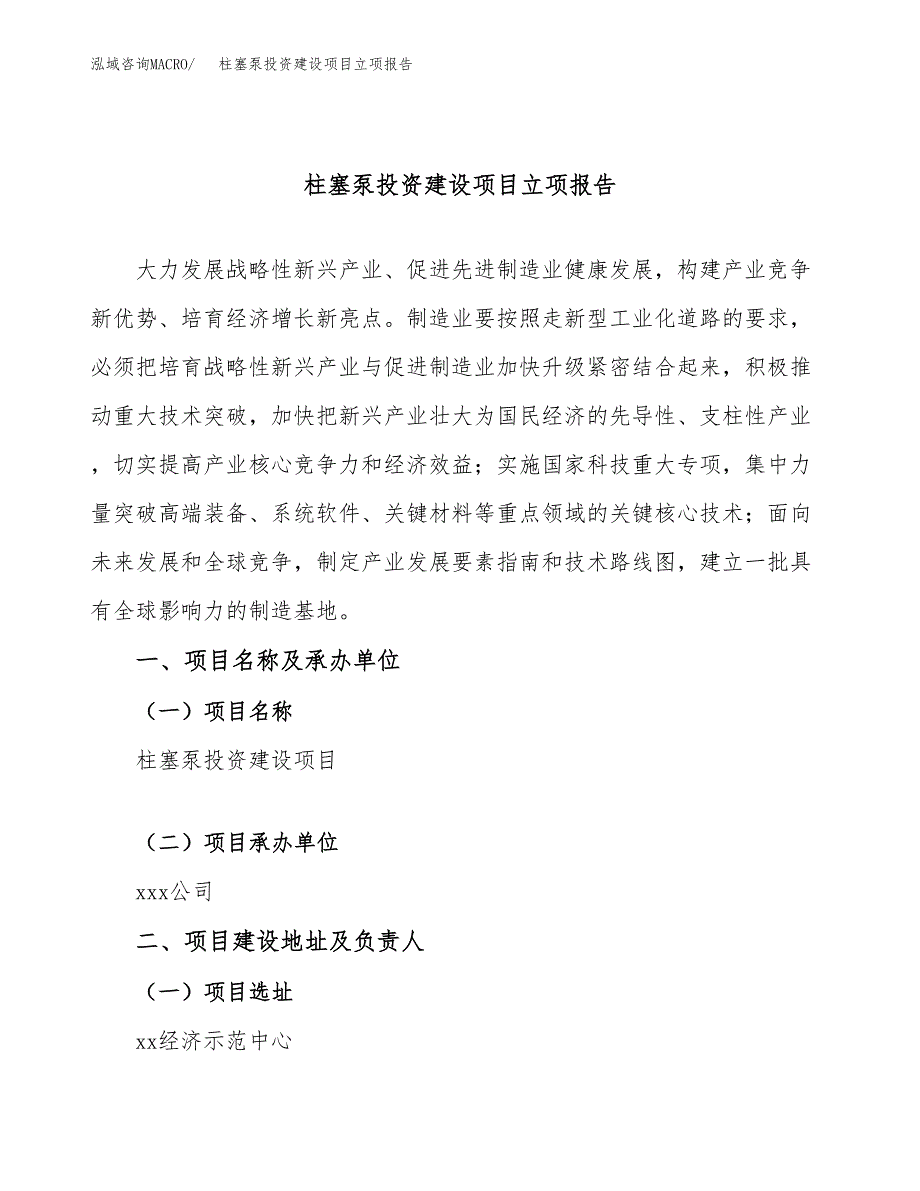 柱塞泵投资建设项目立项报告(规划申请).docx_第1页