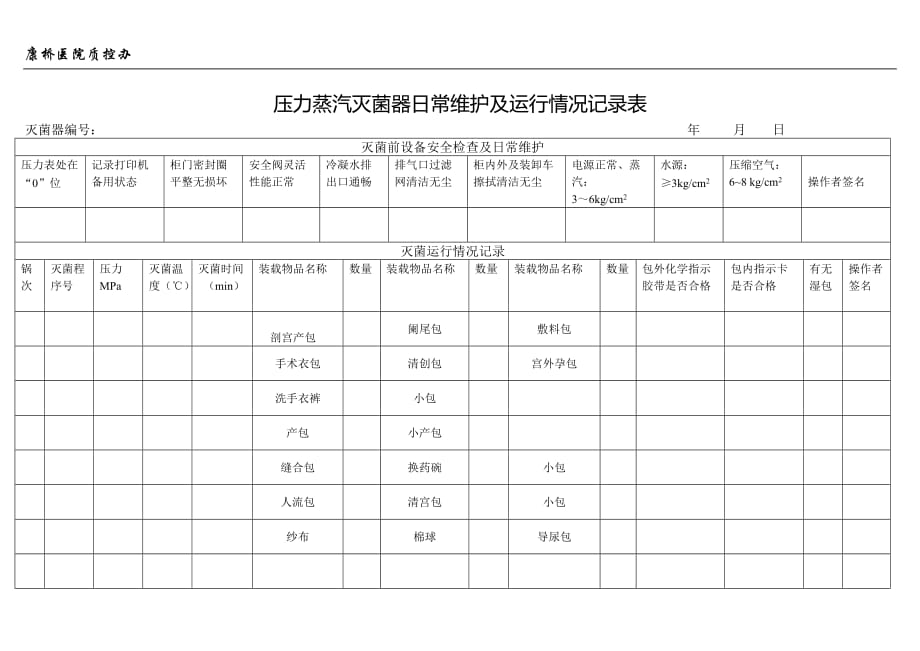 压力蒸汽灭菌器运行情况记录表_第1页