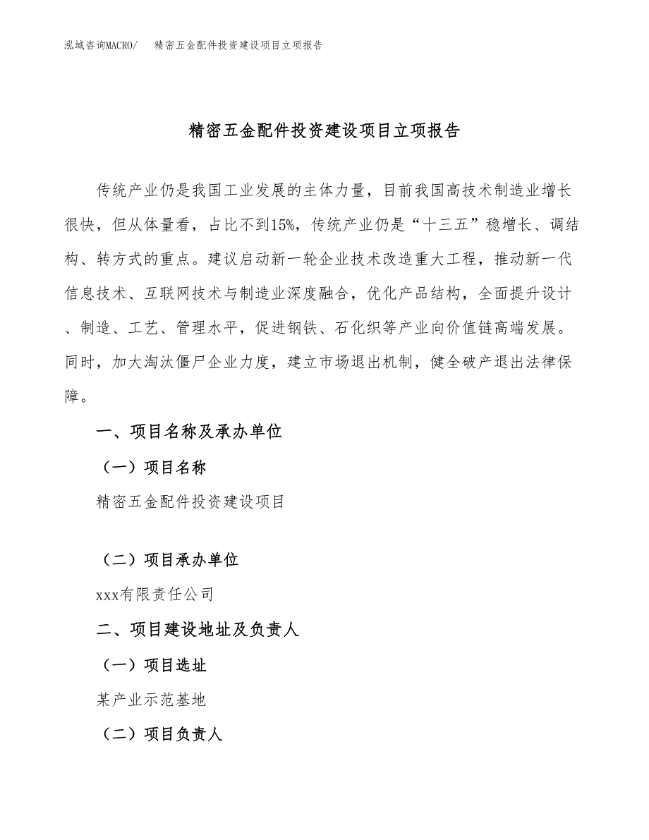 精密五金配件投资建设项目立项报告(规划申请).docx_第1页