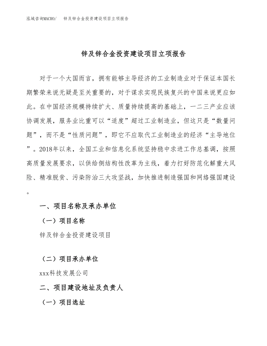 锌及锌合金投资建设项目立项报告(规划申请).docx_第1页