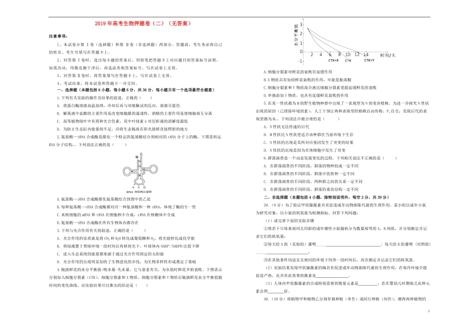 2019年高考生物押题卷（二）（无答案）_第1页