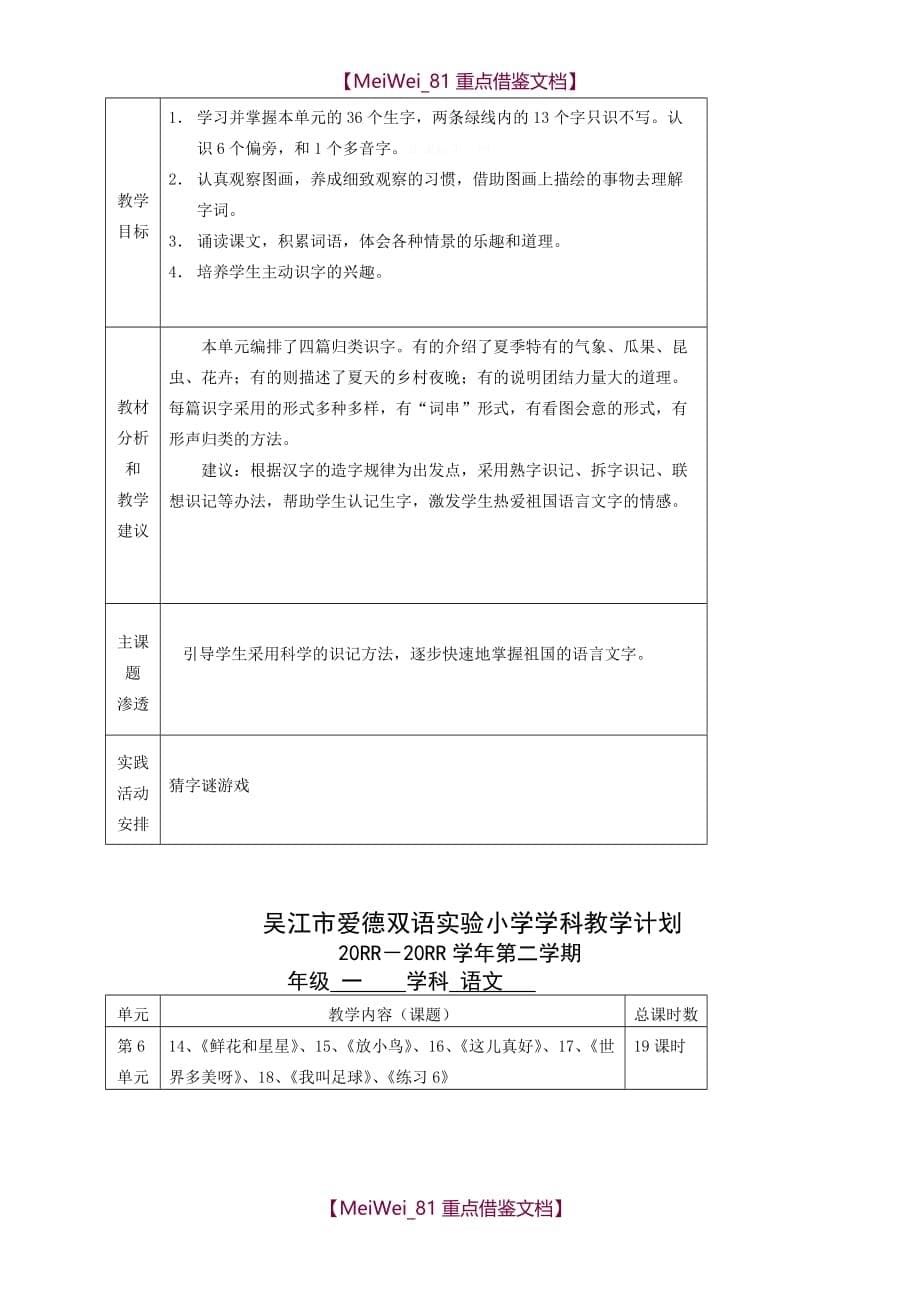 小学一年级苏教版语文下册全册教学计划及教学进度_第5页