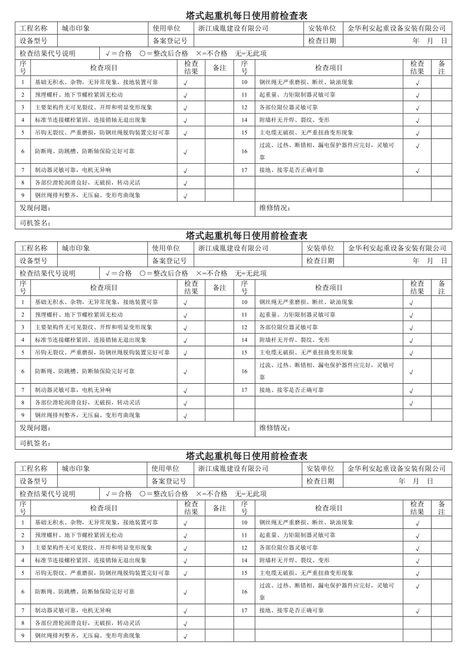 塔式起重机每日使用前检查表.doc_第1页