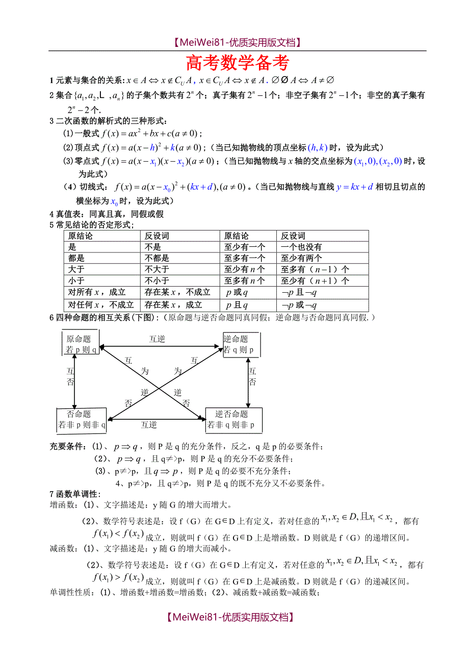 【8A版】成人高考数学高考备考公式大全(完整版)_第1页