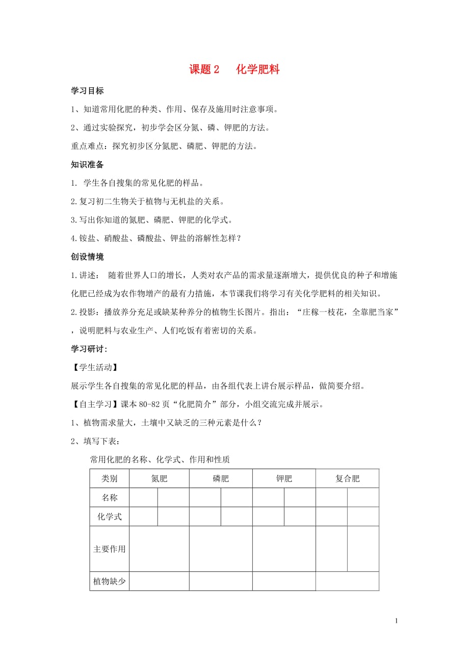 2019春九年级化学下册 第十一单元 盐 化肥 课题2 化学肥料学案（无答案）（新版）新人教版_第1页