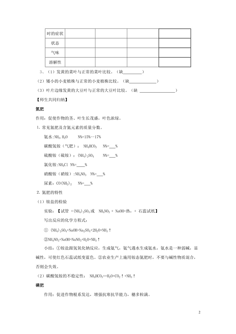 2019春九年级化学下册 第十一单元 盐 化肥 课题2 化学肥料学案（无答案）（新版）新人教版_第2页