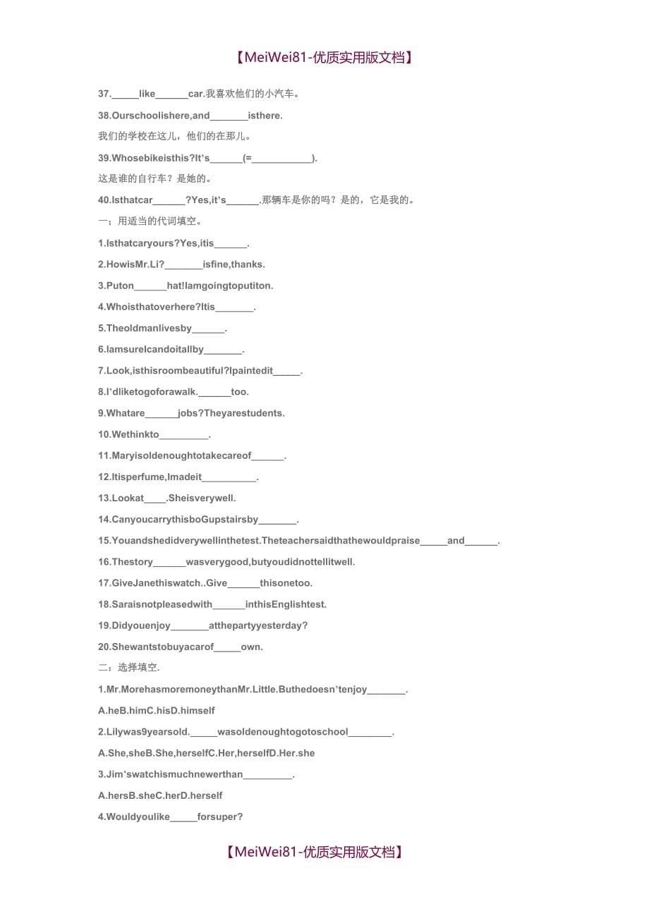 【8A版】初中英语人称代词练习_第5页