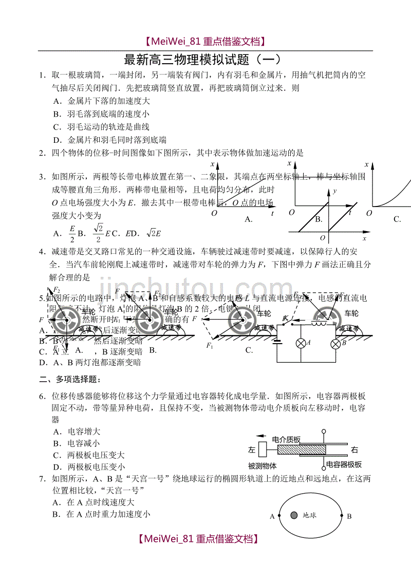 【9A文】最新高三物理模拟试题(一)(含详细答案)_第1页