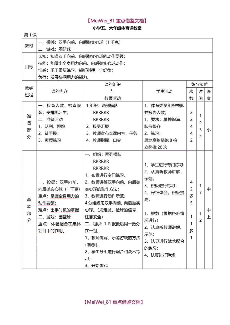 【9A文】人教版小学五、六年级体育教案_第1页