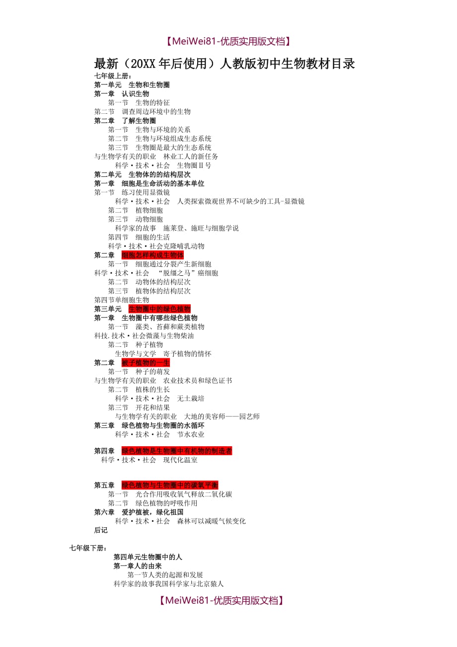 【8A版】初中生物教材目录表-最新人教版_第1页