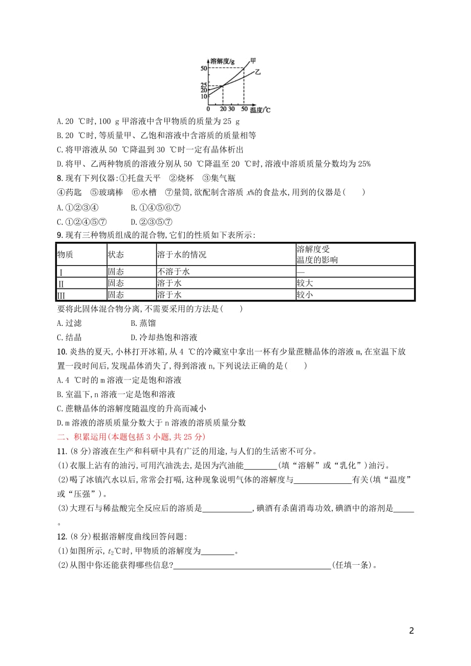 2019年春九年级化学下册 第九单元 溶液测评（b）（新版）新人教版_第2页