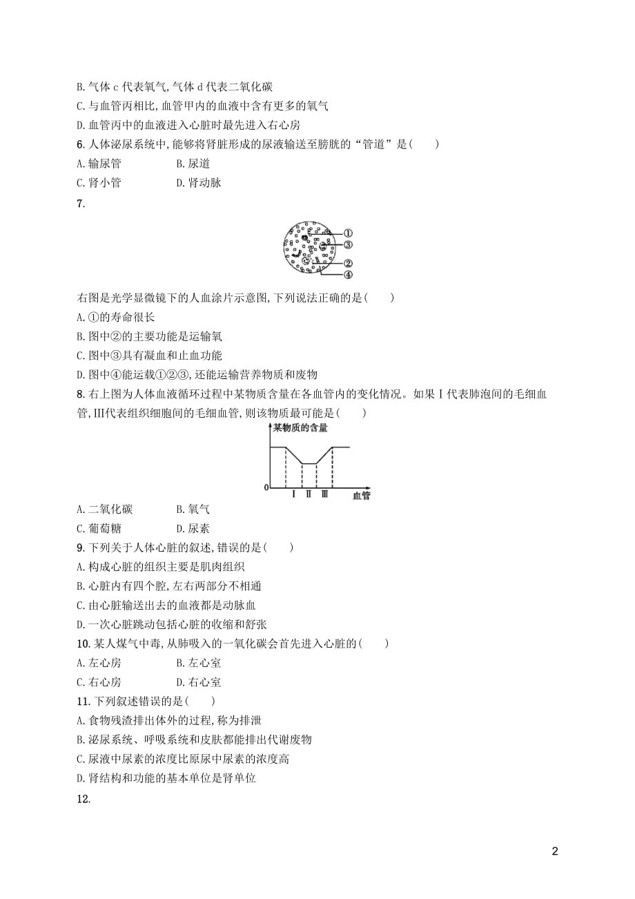 2019年春七年级生物下册 第四章 人体内物质的运输、第五章 人体内废物的排出测评 （新版）新人教版_第2页