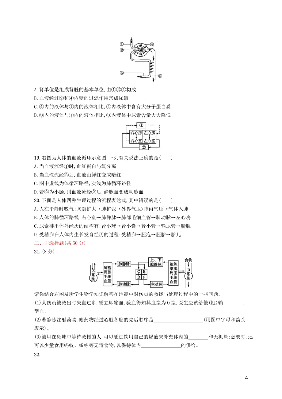 2019年春七年级生物下册 第四章 人体内物质的运输、第五章 人体内废物的排出测评 （新版）新人教版_第4页