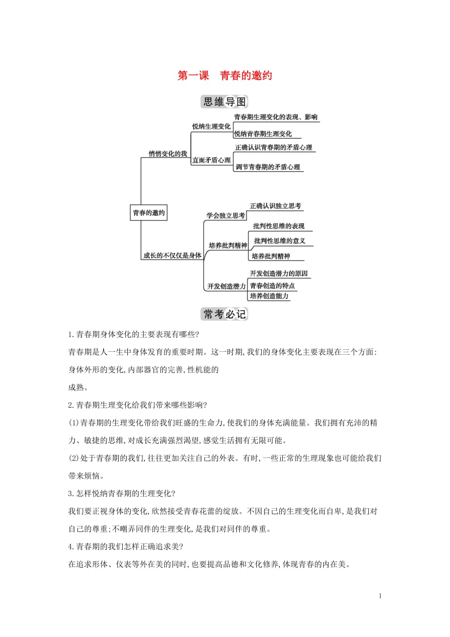 2019春七年级道德与法治下册 知识点专题 第一课 青春的邀约素材 新人教版_第1页