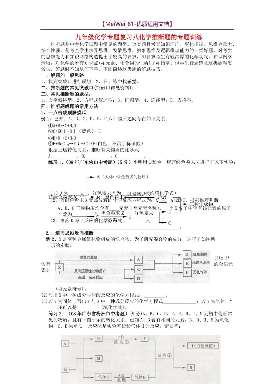 【7A文】九年级化学专题复习-化学推断题的专题训练_第1页