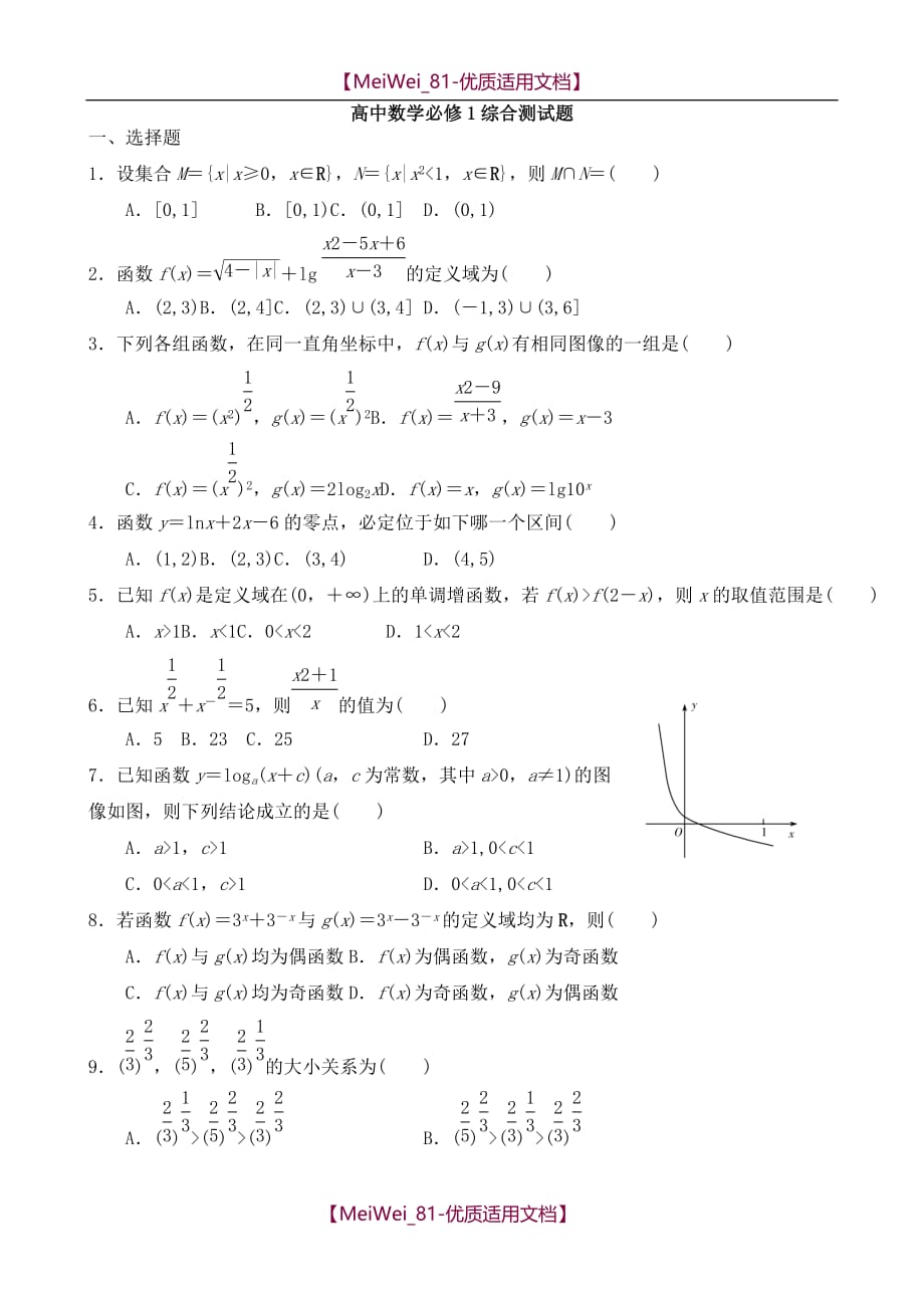 【7A文】高中数学必修1综合测试题(精品)_第1页