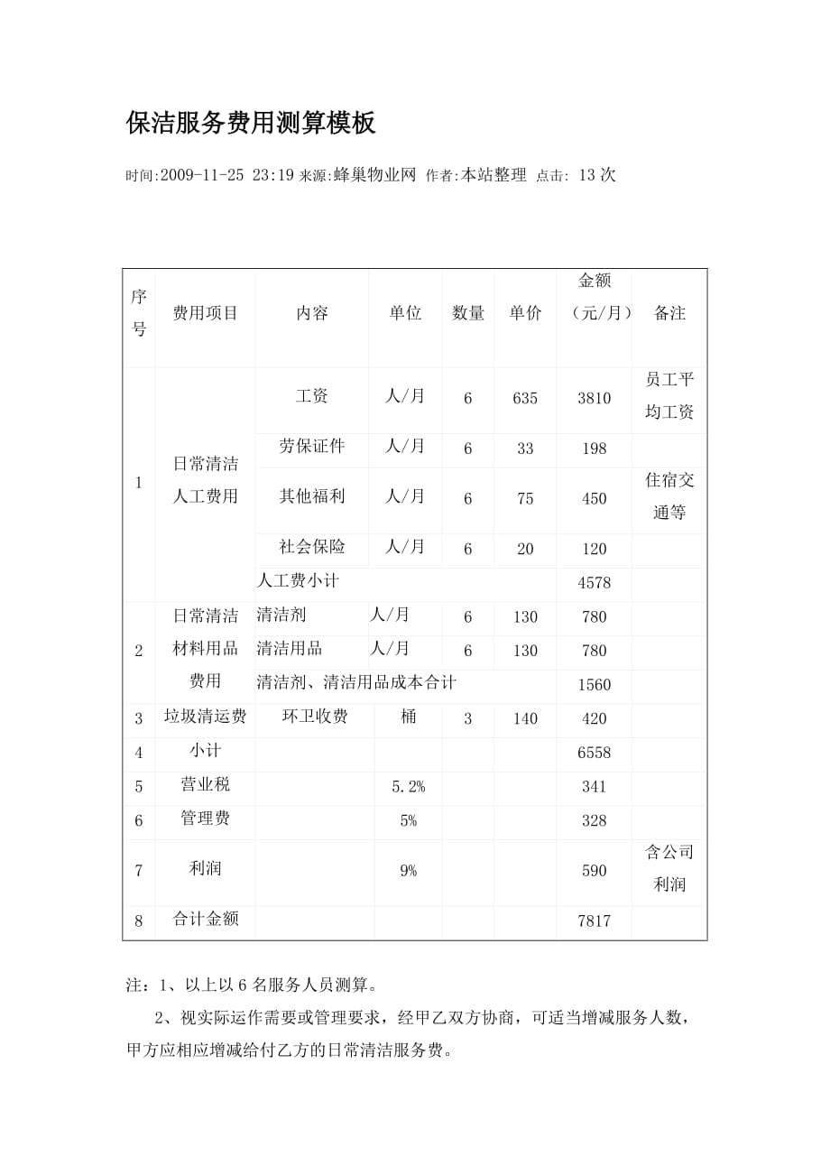 保洁服务费用测算模板.doc_第1页