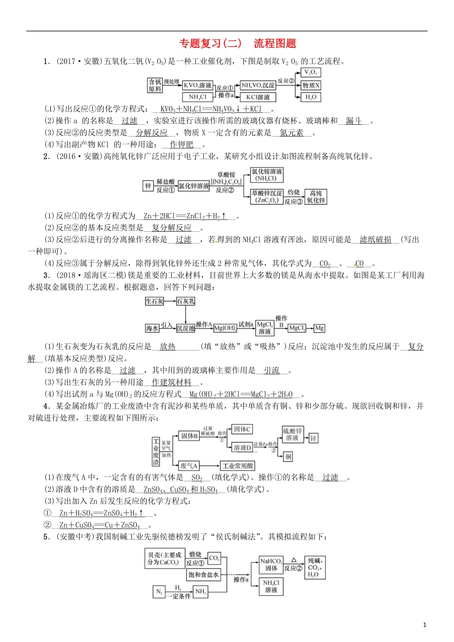 2018秋九年级化学下册 专题复习（二）流程图题同步测试 （新版）新人教版_第1页