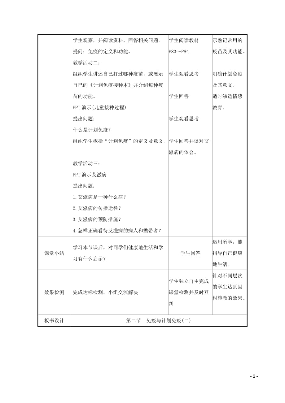 2019版八年级生物下册 第八单元 健康地生活 第一章 传染病和免疫 第2节 免疫与计划免疫（二）教案 （新版）新人教版_第2页