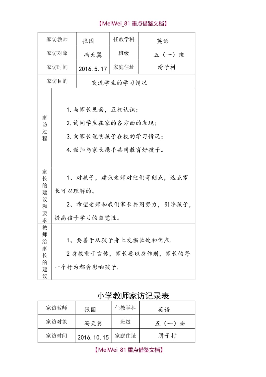 【9A文】小学教师家访记录表_第2页