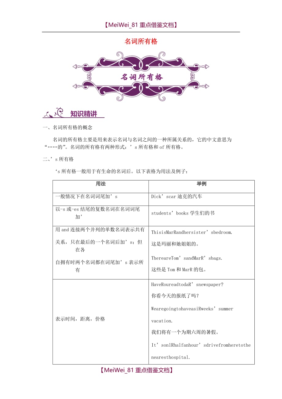 【AAA】中考英语专题讲练- 名词所有格(含解析)_第1页