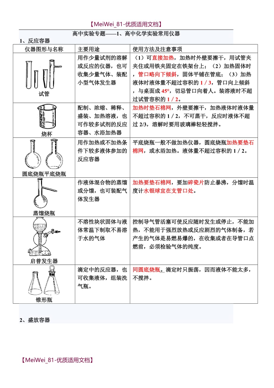 【7A文】高中化学实验常用仪器_第1页