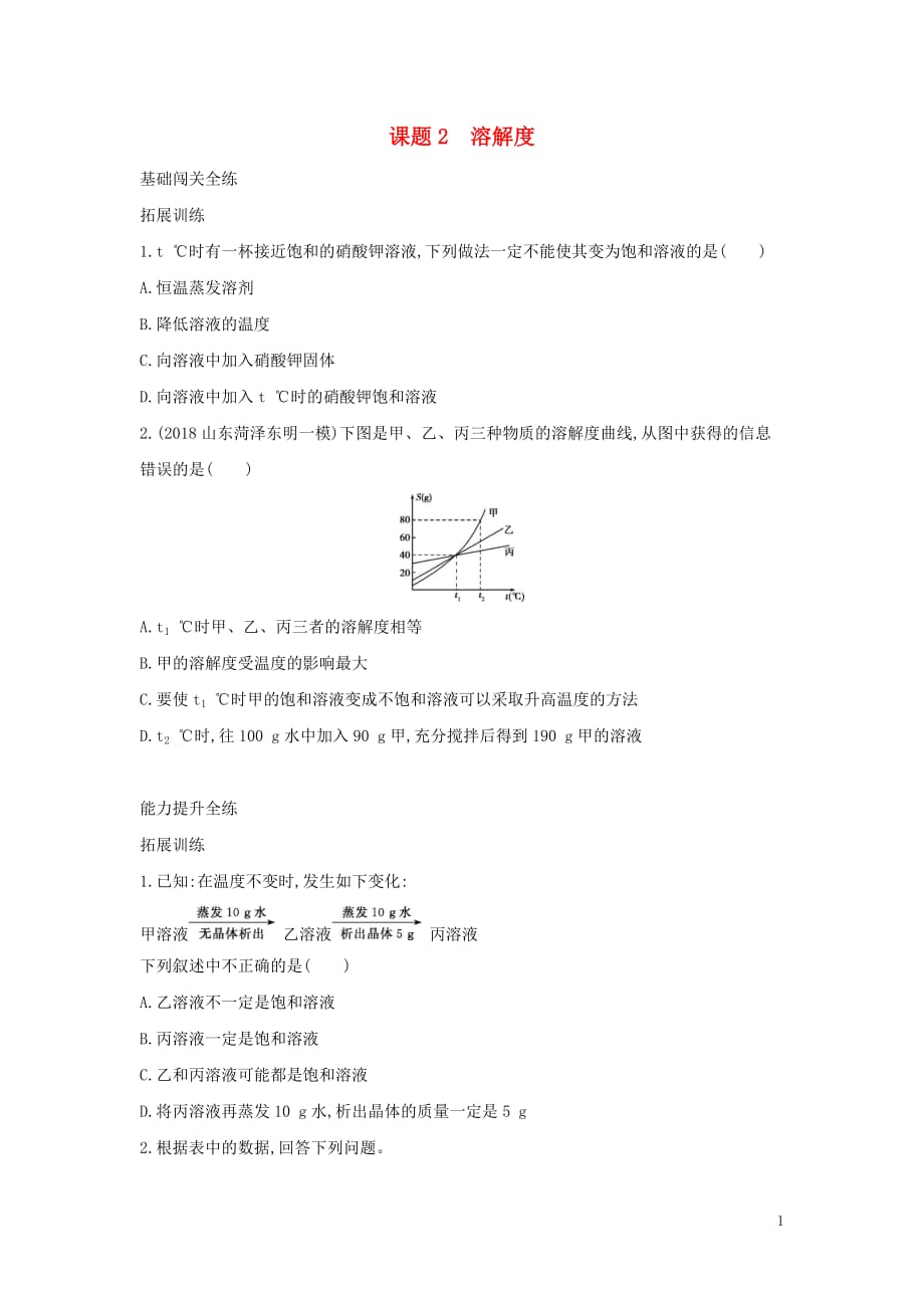 2019春九年级化学下册 第九单元 溶液 课题2 溶解度习题练 （新版）新人教版_第1页