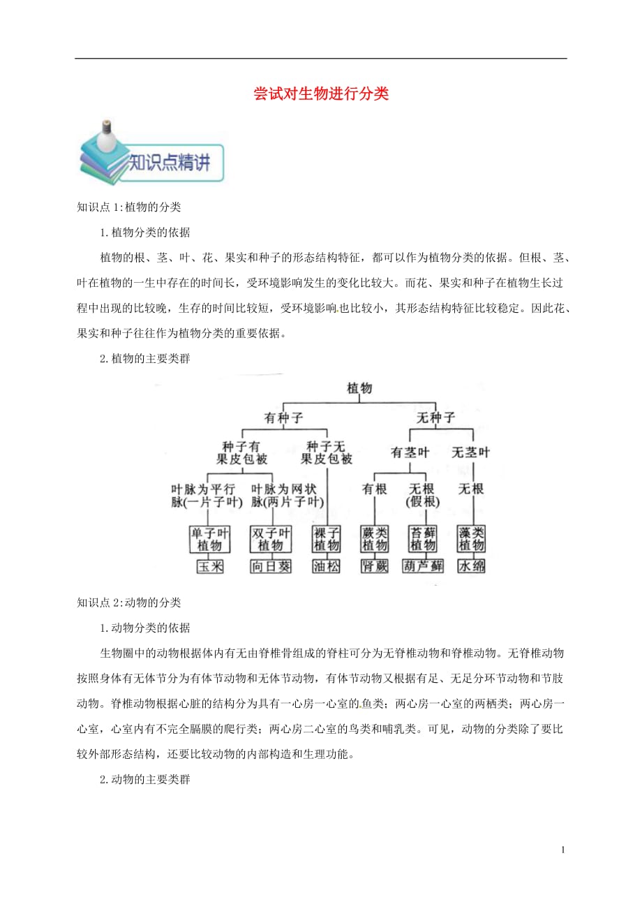 2018年八年级生物上册 第一章 第一节 尝试对生物进行分类备课资料 （新版）新人教版_第1页