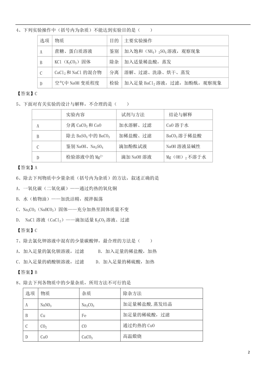 2018年中考化学重要知识点 混合物分离和提纯练习卷_第2页