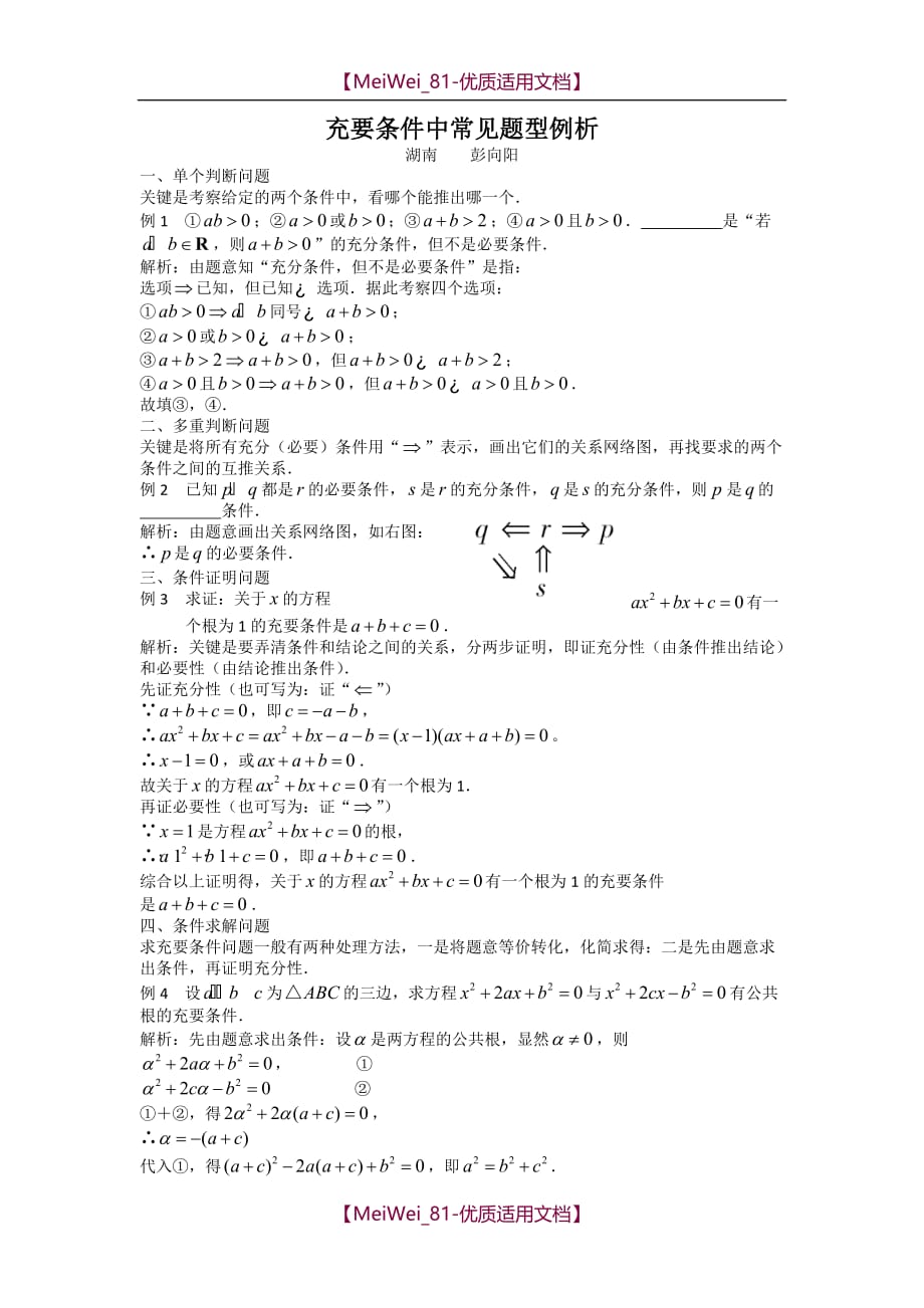 【7A文】高考数学复习点拨-充要条件中常见题型例析_第1页