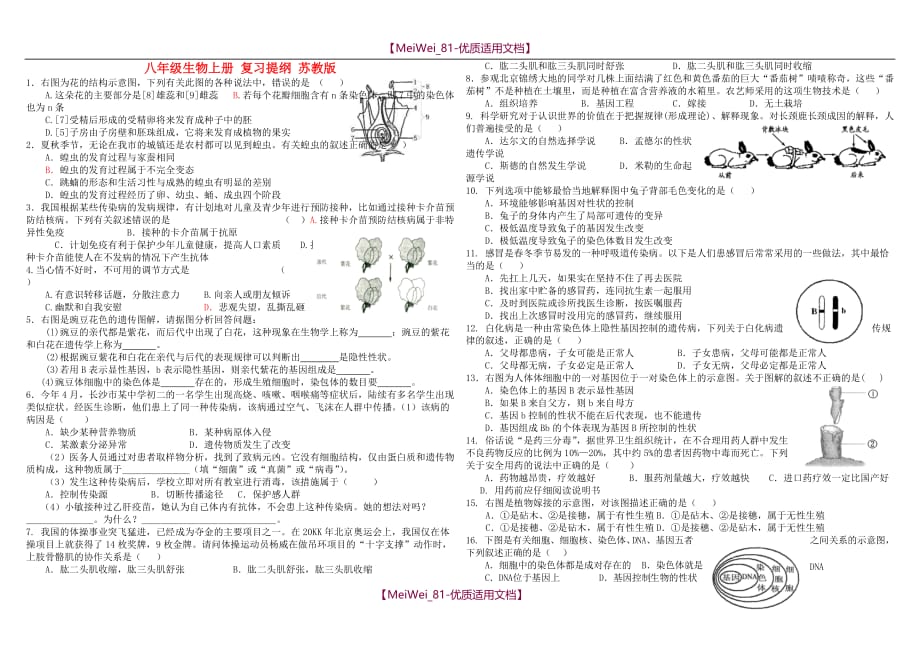 【8A版】苏教版八年级生物上册复习提纲_第1页