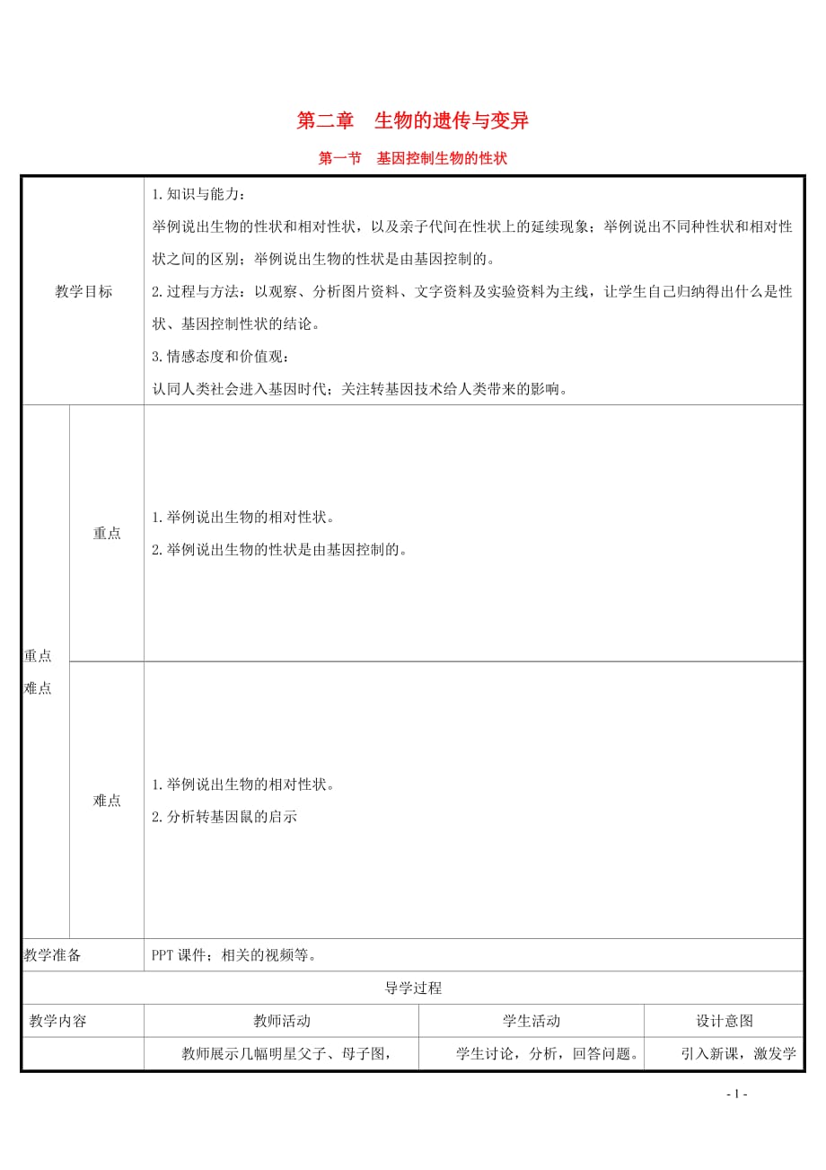 2019版八年级生物下册 第七单元 生物圈中生命的延续和发展 第二章 生物的遗传和变异 第1节 基因控制生物的性状教案 （新版）新人教版_第1页